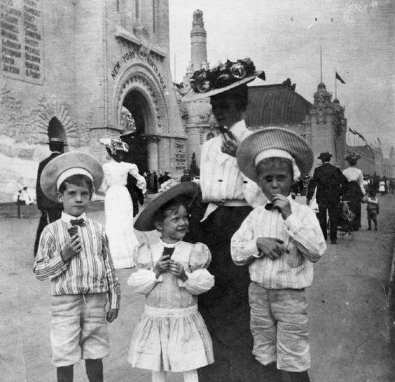 Retro photo of kids eating ice cream in firs ice-cream cones