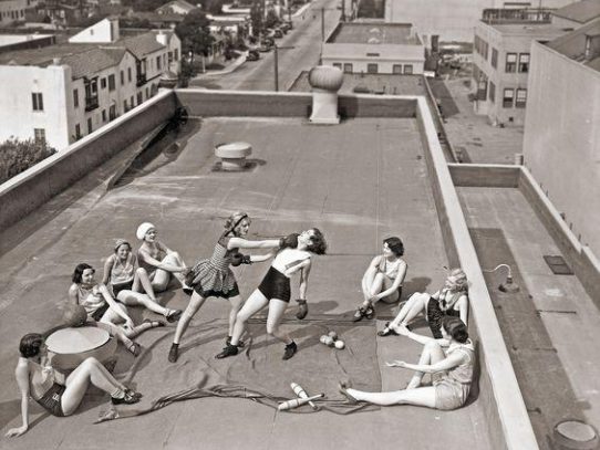 Hollywood actress practicing on the rooftop, 1930-s