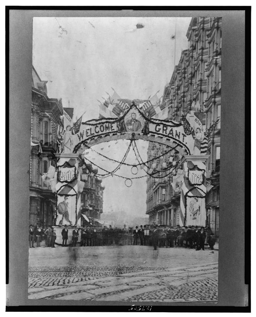 retro photo showing an arc welcomming Grant in San Fransisco 1869-1880