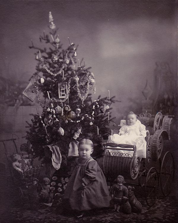 1904 christmas tree candles, adorable toy dogs. Some presents are on the tree.