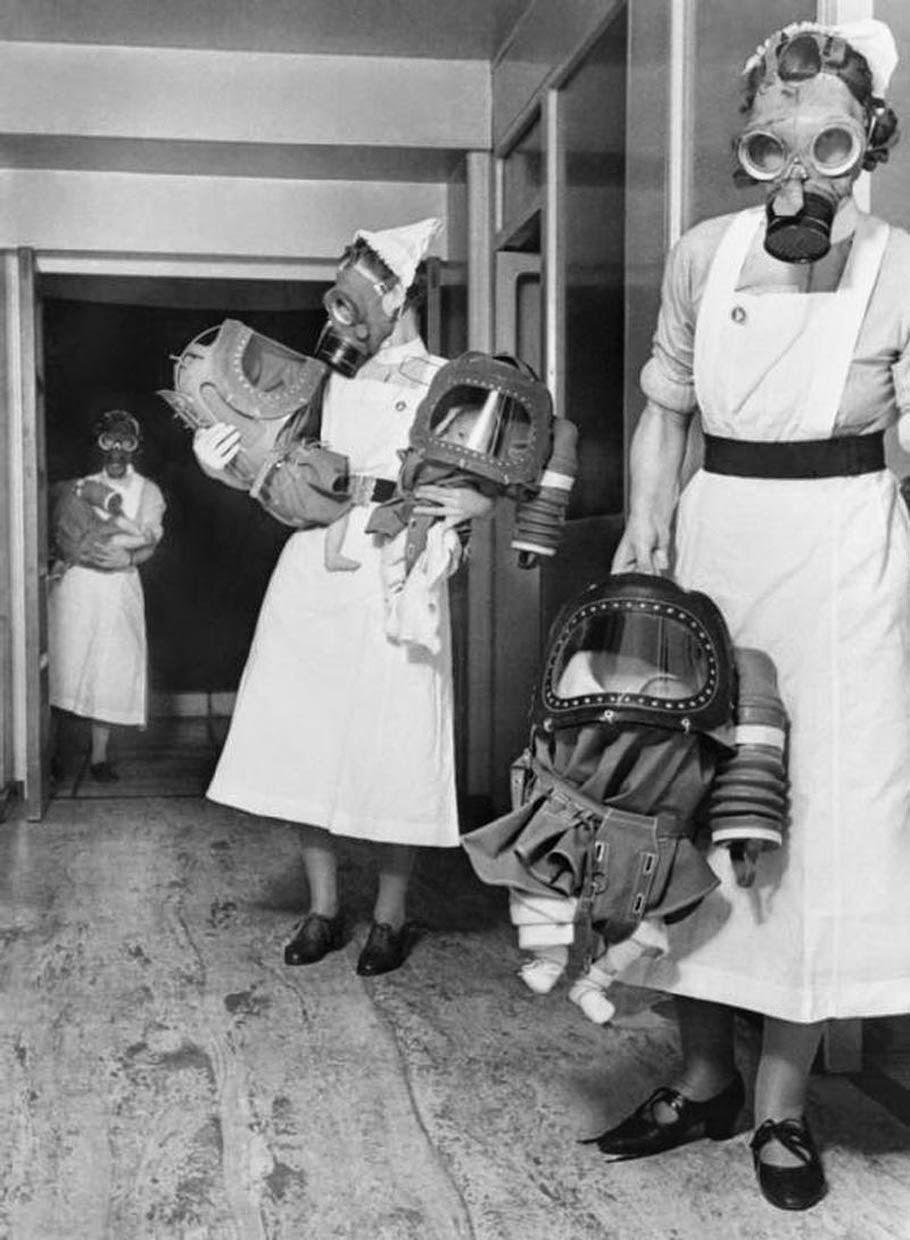 retro photo of babies in baby gas respirators 