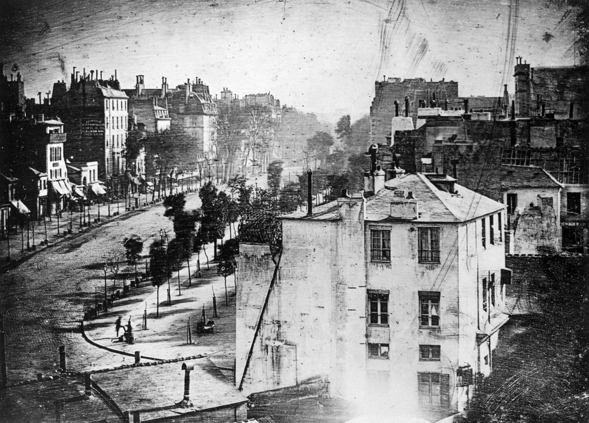 A daguerreotype. First known photo of human. Boulevard du Temple, Paris. 1838. 