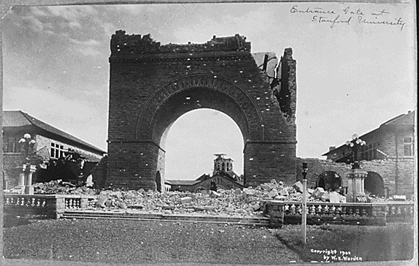 Retro photo of San Francisco after earthquake 1906 Stanford gate