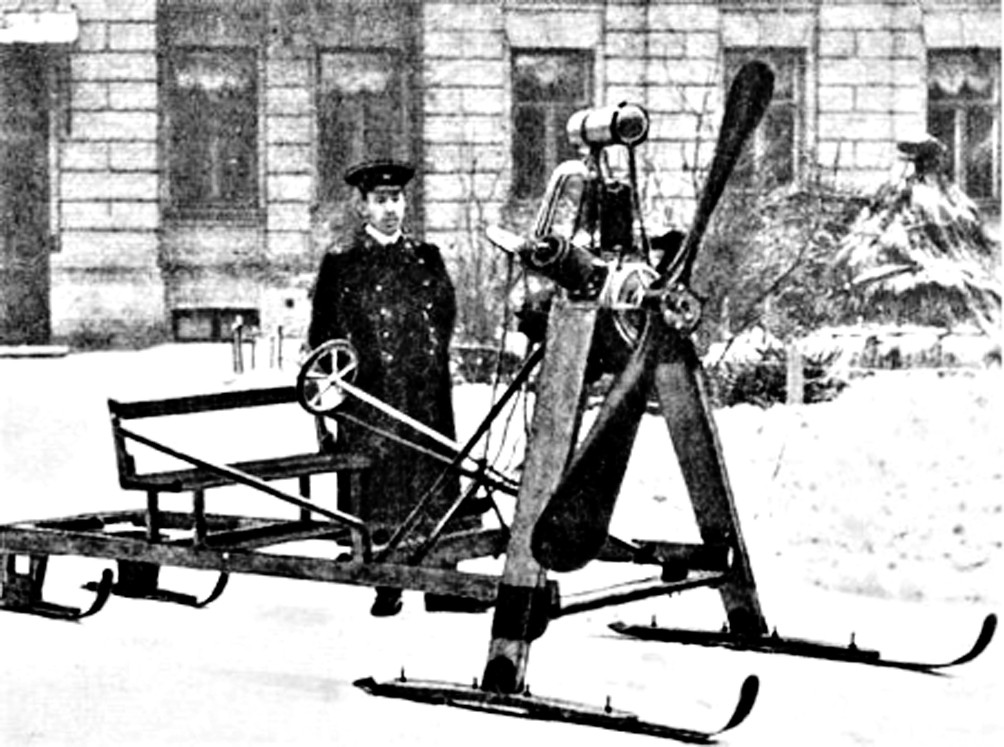 retro photo of Sikorsky with his snowmobile