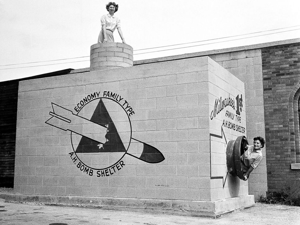 retro photo of a family nucliar bomb shelter