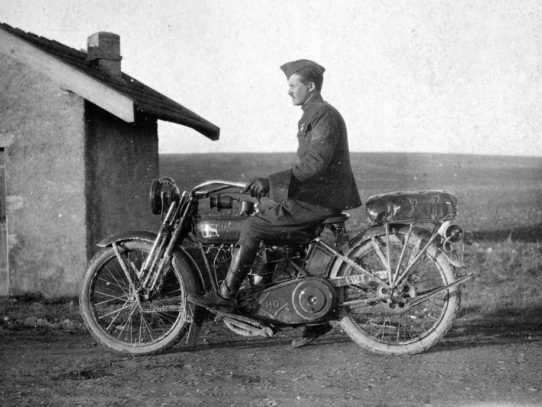 Soldier on a U.S. Harley-Davidson motorcycle, circa 1918