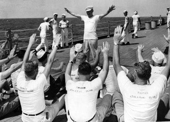 President Truman leading exercises on the USS, Missouri, 1947