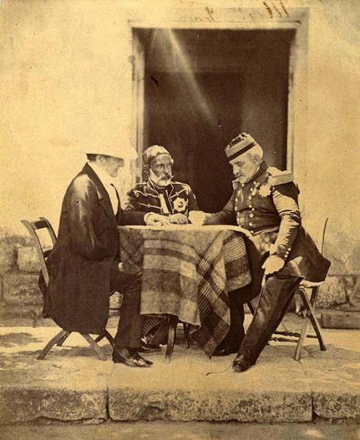 Council of War held at Lord Raglan's Head Quarters, the morning of the successful attack on the Mamelon. Lord Raglan, Maréchal Pélissier, & Omar Pacha.