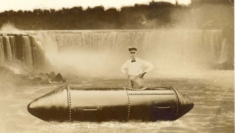 A Photo Composite Of Bobby Leach And His Barrel In Front Of The Falls ...