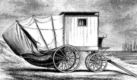An example of an early bathing machine, equipped with a canvas tent lowered from the seaside door for extra privacy.