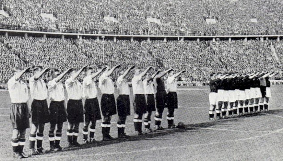 English National soccer team giving the Nazi Salute, 1938