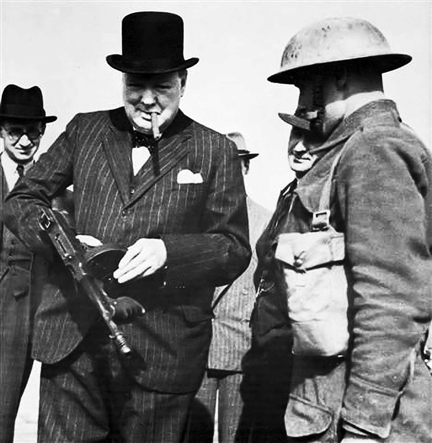 Winston Churchill with a Tommy Gun