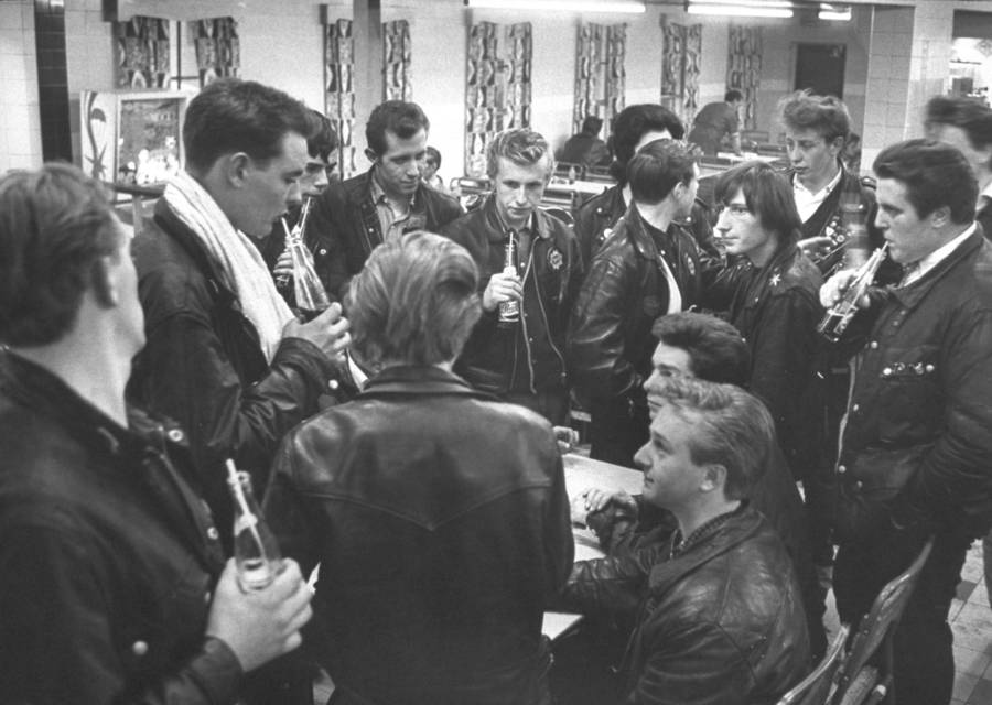Rockers enjoy a soda at a roadside cafe, UK, 1964