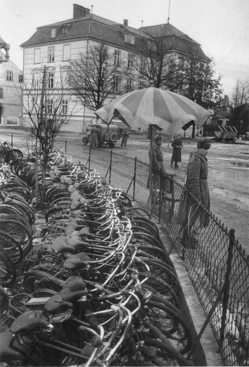 Soviet collection point for captured bicycles in the city of Bischofsburg. Poland (1944)